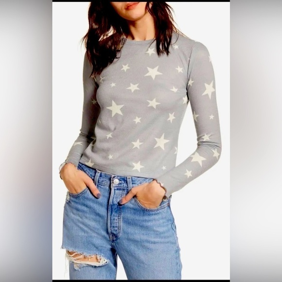Heather Gray n White Stars Thermal Top - Picture 1 of 5